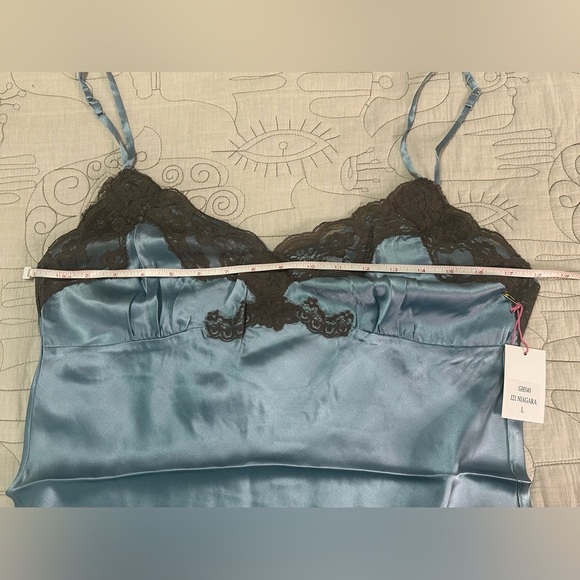 NEW Gold Hawk Two Tone V-Back Lace Chemise Silk Cami L Niagara Blue Brown Lace - Picture 5 of 8